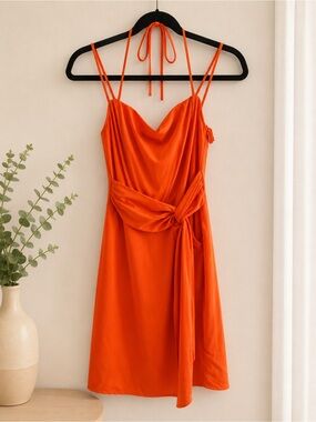 SHEIN Bright Orange Cowl-Neck Tie-Waist Mini Dress